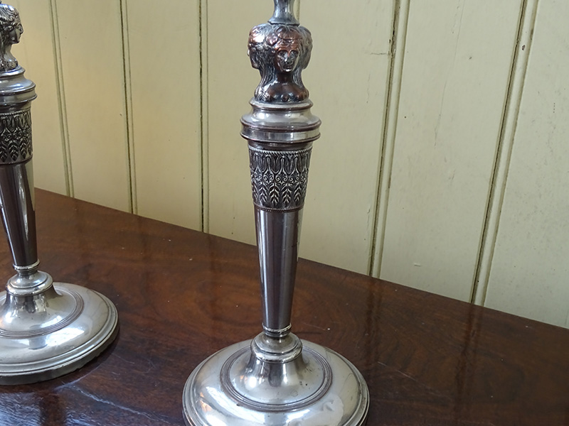 Pair 19th. century silver plate on copper candlesticks